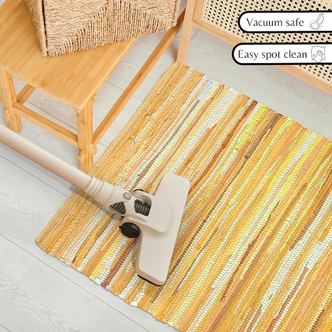 Ramanta Home 100% Cotton Hand Woven Tonal Chindi Rag Rug 2'x3' - Mustard, Recycled Reversible Rug, Boho Rustic Farmhouse Rugs for Living Room, Dinning Room, Kitchen Floor Mats - 24"x36"