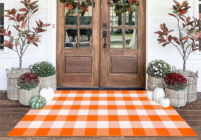 3'x5' Outdoor Rug,Halloween Orange White Front Porch Mat Farmhouse Cotton Washable Layering Rug Checkered Area Rug for Porch,Entryway,Layered Doormat,Indoor,Outdoor,Halloween,Fall