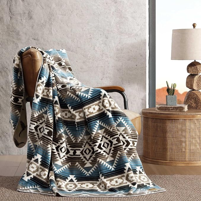 Wrangler - Oversized Fleece Throw Blanket for Couch 60x70, Ultra Soft Reversible Plush Blanket, Americana Decor, Cozy Western Style Throw for Sofa, Bed, Living Room (Jericho Aqua/Brown)