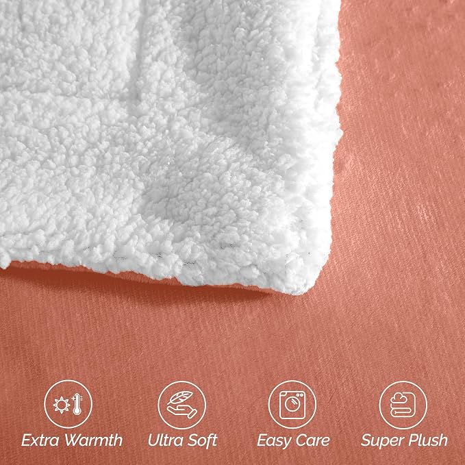 Elegant Comfort Ultra Soft Reversible Flannel Sherpa Blanket - Cozy Silky Fleece Throw for Couch, Bed - Plush Fuzzy Warm Winter Blanket for Gift, Twin, Coral