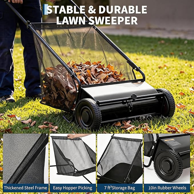 Heavy Duty 26-Inch Push Lawn Sweeper – 4 Fast Spinning Brushes | Height Adjustable, Durable Steel Frame, 7 Cu. Ft. lawn mower, Reduced Plastic Wheels