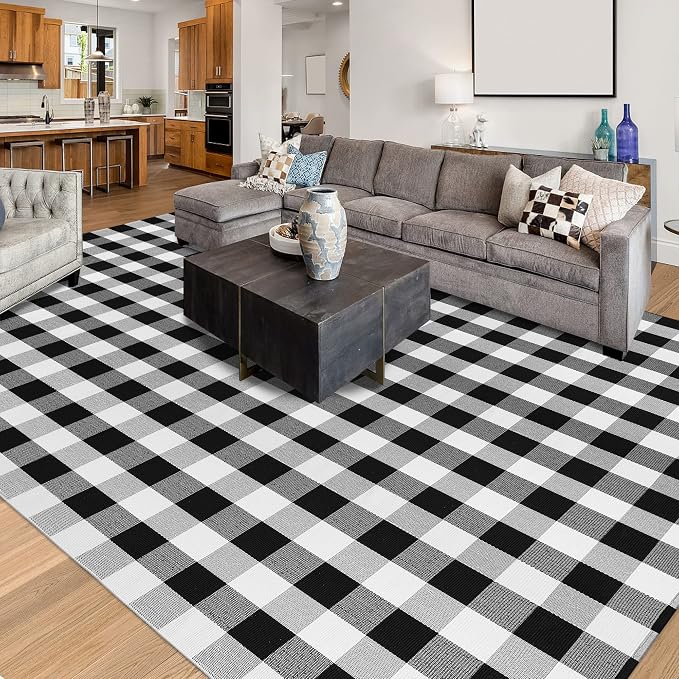 Buffalo Plaid Rug 8x10 Feet Cotton Woven Black and White Check Washable Indoor Outdoor Carpet for Living Room Farmhouse Bedroom Patio