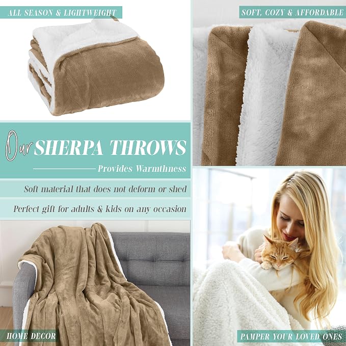 Elegant Comfort Throw Blanket, Reversible Sherpa Flannel, Ultra-Soft, Fuzzy, Cozy and Plush- All Season Lightweight Decorative Throw, 50 x 60 inches, Solid Sherpa Throw, Taupe