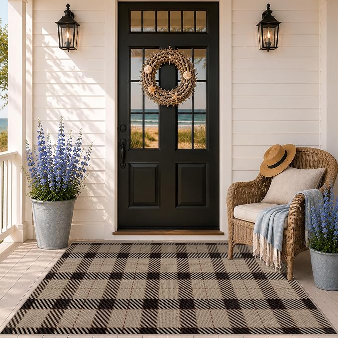 JTJ Outdoor Rug 3x5 for Front Porch, Washable Easy Jute Indoor Outdoor Rug, Non Slip Entryway Area Rug for Patio, Kitchen, Balcony, Farmhouse Black & Tan Plaid Rug