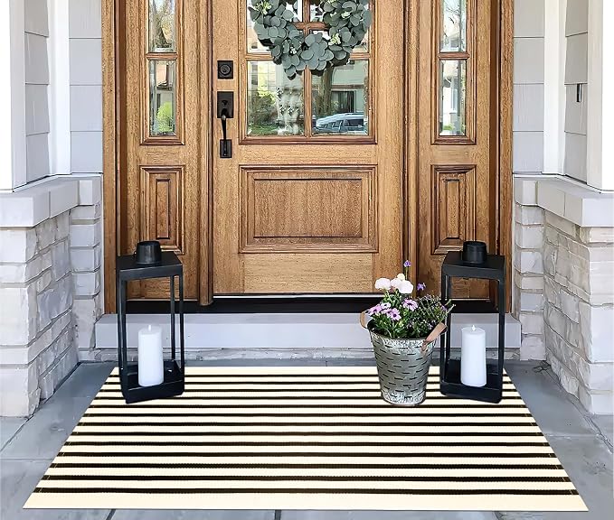 Black Beige Layered Doormat -2.3'x3.6' Striped Front Porch Rug Outdoor Washable Area Rug for Spring Welcome Mats Indoor Outdoor Doormat for Entryway Porch Entrance