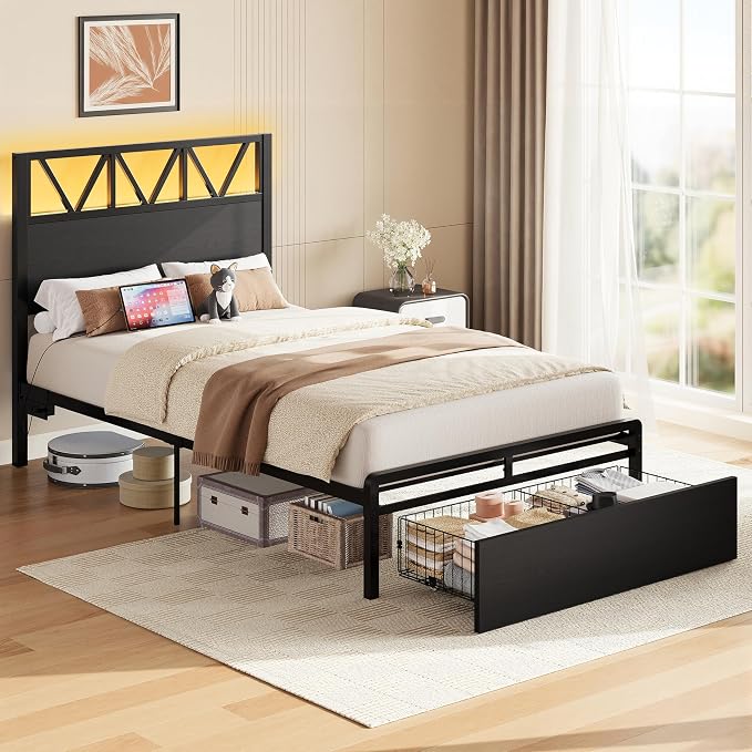 LIKIMIO Twin Bed Frames with Storage Drawer, Lights & Charging Station | Modern Platform Twin Bed Frame with 43" Headboard, Strong Supports, No Box Spring Needed, Easy Assembly, Noise-Free, Black