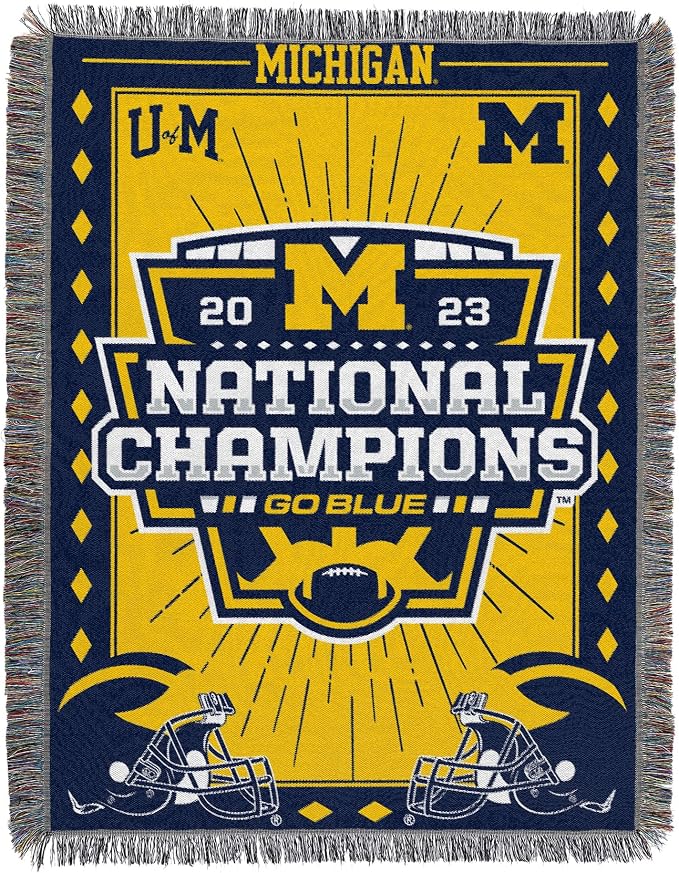 Northwest Michigan Wolverines 2023 National Champions Woven Tapestry Throw Blanket – 48 x 60 Inches – NCAA Official Fan Decor – Visionary Design