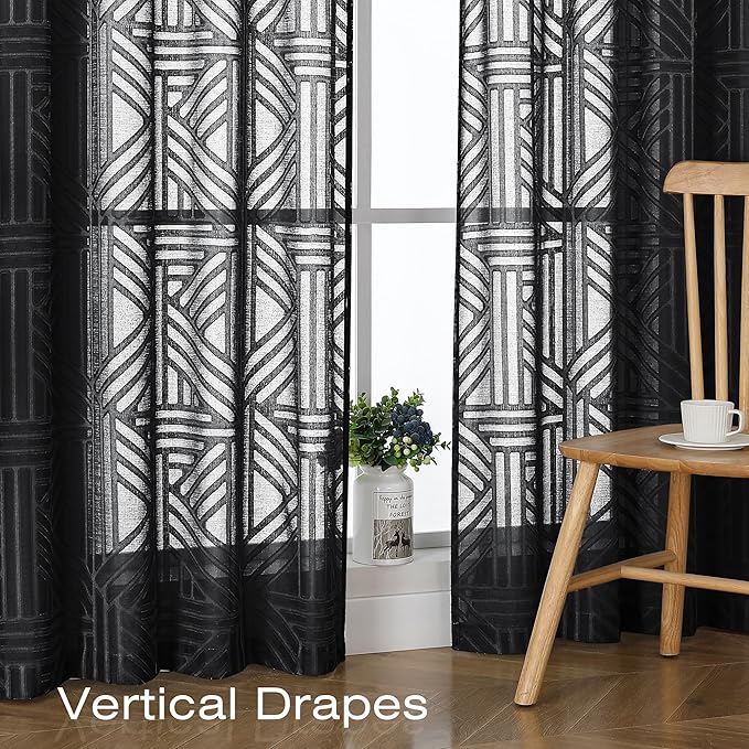 Simplebrand Semi Sheer Black Curtains 30 Inch Length 2 Panels, Geometric - Image 6
