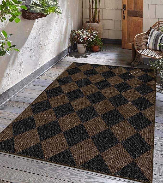 Rugalia Easy Jute Small Outdoor Patio Rug, 3x5 Coffee Checkered Entryway Rug Washable Modern Diamond Kitchen Rugs, Non-Slip Neutral Farmhouse Throw Carpet for Living Room Porch Backyard