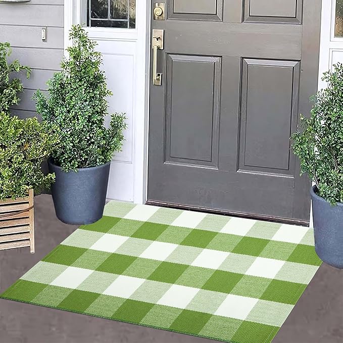 Layered Doormat 24''x35'' Green and White Buffalo Plaid Porch Mat Cotton Woven Washable Carpet for Layered Doormat Hello/Welcome Door Mat,Kitchen,Farmhouse,Entryway