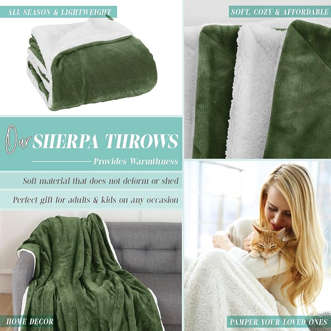 Elegant Comfort Throw Blanket, Reversible Sherpa Flannel, Ultra-Soft, Fuzzy, Cozy and Plush- All Season Lightweight Decorative Throw, 50 x 60 inches, Solid Sherpa Throw, Sage
