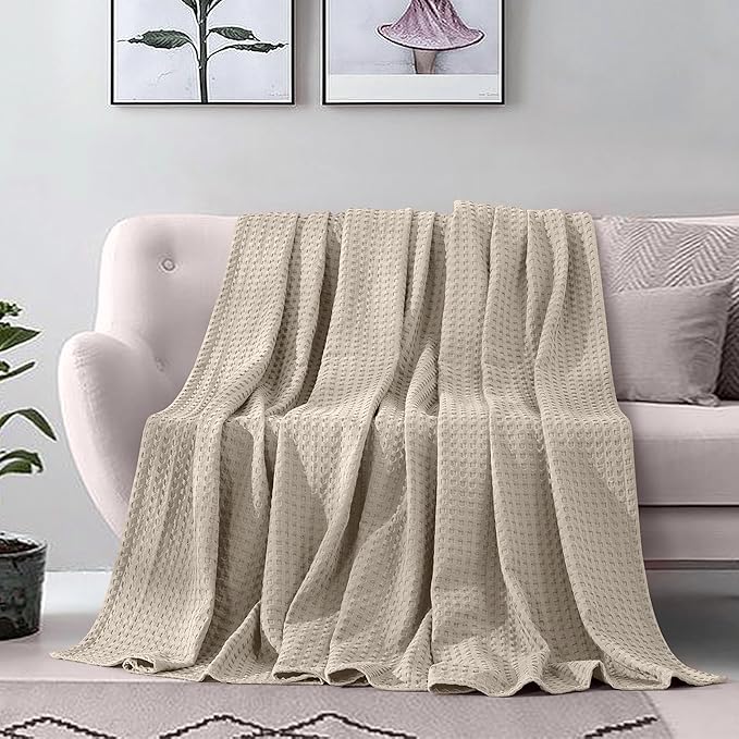Elegant Comfort Premium 100% Cotton Waffle Blanket - Lightweight Breathable Waffle Weave Bed Blanket - Soft and Warm All Season Blanket for Couch, Sofa and Bed, Queen Size 90x90 Inches, Linen