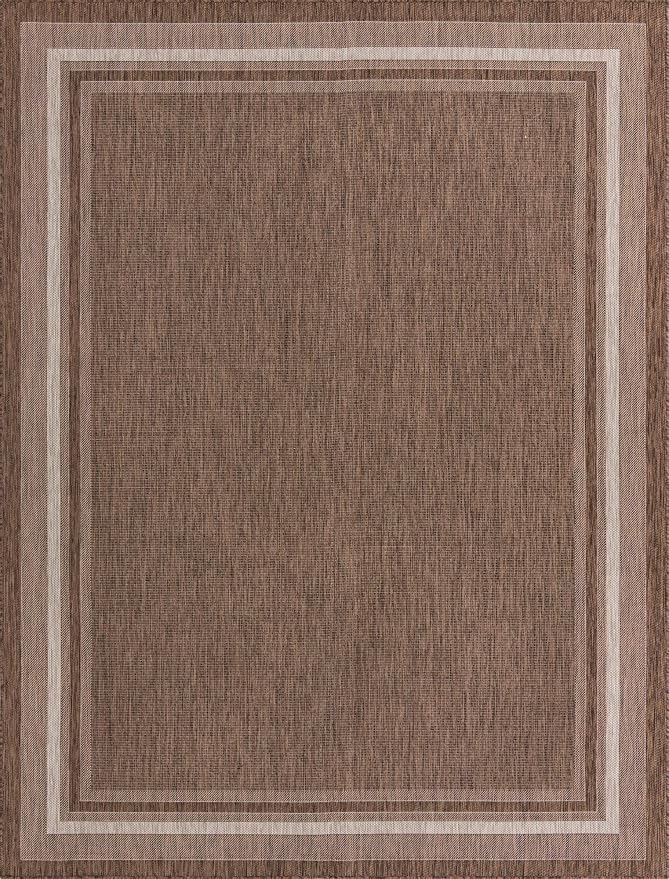 Unique Loom Outdoor Border Collection Area Rug - Soft Border (9' x 12' Rectangle, Brown/ Ivory)