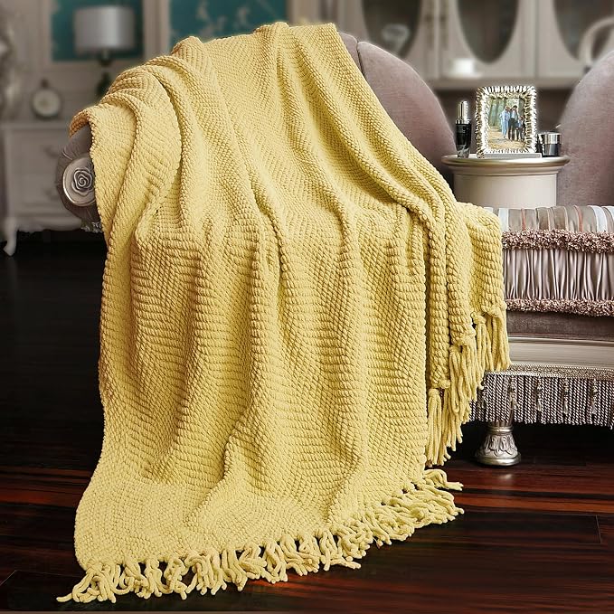 Home Soft Things Yellow Throw Blanket Knitted Tweed Throw 60'' x 80'', Jojoba Yellow, Super Soft Cozy Warm Comfortable Breathable Throw for Living Room Chair Couch Bed Sofa Bedroom Home Décor