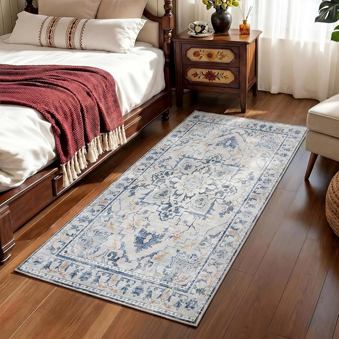 Joydeco Washable 2x5 Hallway Runner Rug Vintage, Blue Grey | Water Resistant Low Pile Non Slip Backing for Kitchen Entryway Bathroom Dining Room
