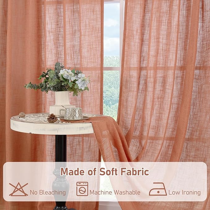 LAMIT Light Filtering Linen Curtains 63 inches Long for Bedroom, Linen Textured Semi Sheer Back Tab and Rod Pocket Terracotta Boho Drapes for Living Room, 2 Panels, 60 x 63 Inch