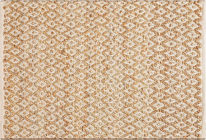 THE BEER VALLEY Jute Cotton Diamond Kitchen Rug 2x3 Feet - Natural White | Small Neutral Area Door mat for Entryway, Easy Clean Outdoor Indoor Boho Entry Rugs