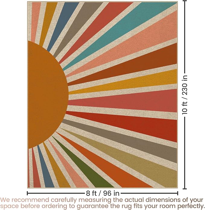 Washable Sun Easy Jute Rug, 8x10 Rainbow Sun Modern Boho Retro Outdoor Indoor Patio Large Area Rug, Woven Ultra Thin Non Slip Carpet Mat for Living Dining Room Bedroom Classroom Kids Nursery Play Room