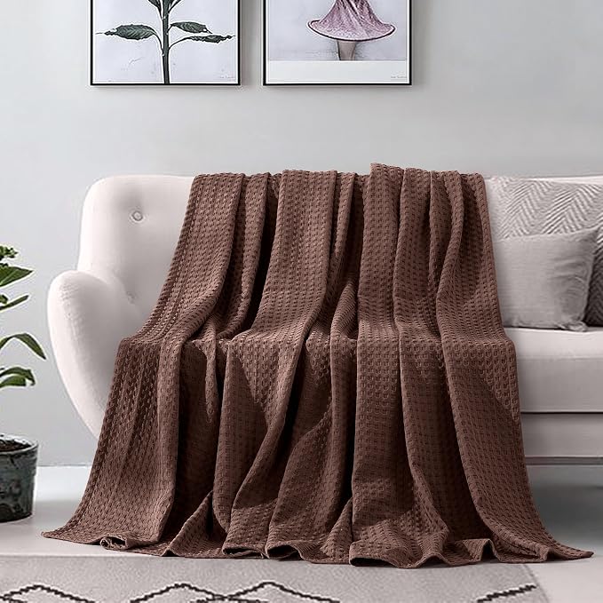 Elegant Comfort Premium 100% Cotton Waffle Blanket - Lightweight Breathable Waffle Weave Bed Blanket - Soft and Warm All Season Blanket for Couch, Sofa and Bed, Full Size 88x88 Inches, Brown