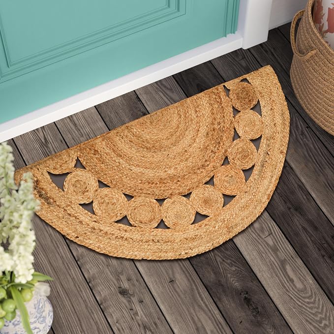 Boho Braided 1.5x3 Area Rug - Jute Natural Fiber Half Circle Rug for Living Room Entryway, Farmhouse, Home, Indoor Rugs Jute Door mat for Bathroom (Natural Dot, 1.5 X 3 ft)