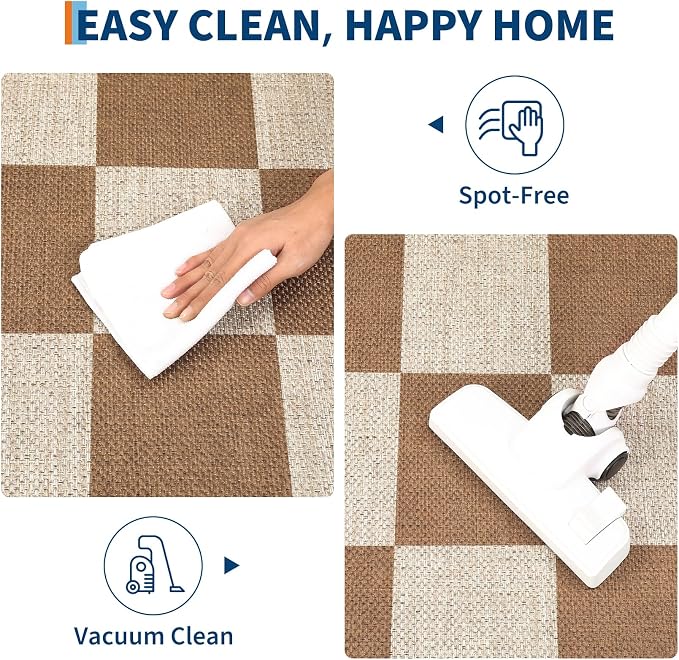 GarveeHome Easy Jute Rugs 2x8 Checkered Kitchen Runner Rugs Non Skid Washable Stain Resistant Indoor Outdoor Rugs for Living Room, Bedroom, Dining, Patio - Farmhouse Style Brown