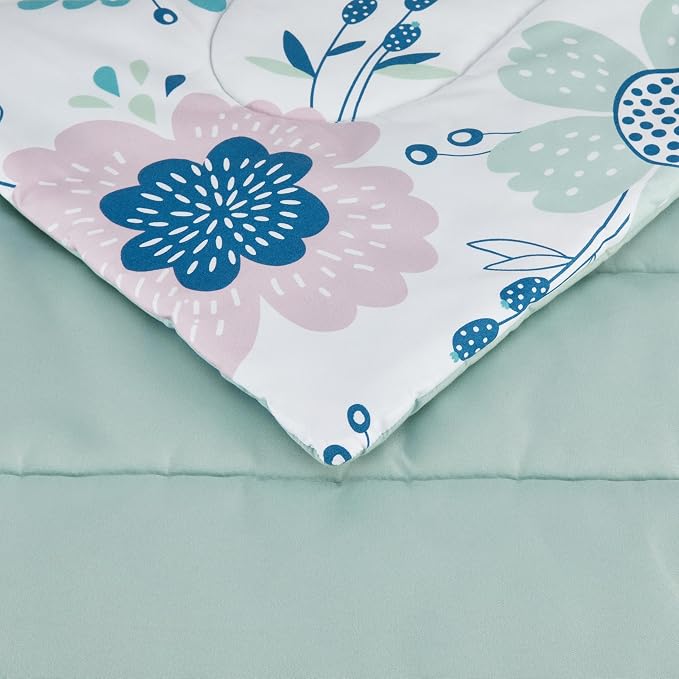 Amazon Basics 2-Piece Soft, All-Season Microfiber Kids' Comforter and Pillow Sham Set, Twin, Purple Flowers, Bluish Pink
