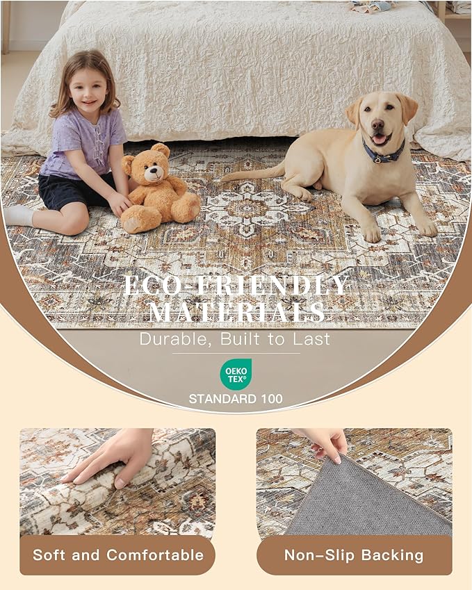 Madane 4x12 Wide Hallway Runners: Washable 12ft Runner Rug for Entryway Living Room Soft Vintage Non Slip Carpet Runner for Kitchen Dining Room Nursery Bedroom Thin Area Rug (Turmeric/Grey, 4x12ft)