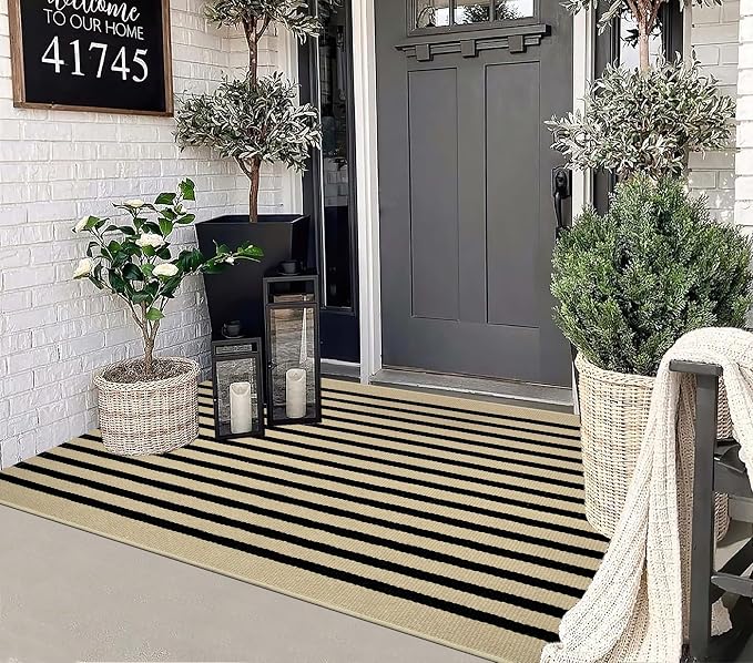 Tan and Black Outdoor Rugs 3'x5',Machine Washable Porch Rugs Cotton Woven Indoor Outdoor Layered Door Mats Small Area Rug for Home Entrace Decor/Bedroom/Entryway