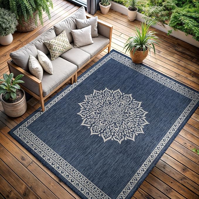 CAMILSON Outdoor Rug 5x7 Medallion Blue Modern Area Rugs for Indoor and Outdoor Patios Kitchen and Hallway Mats Washable Porch Deck Outside Carpet (Medallion Blue 5 x 7)