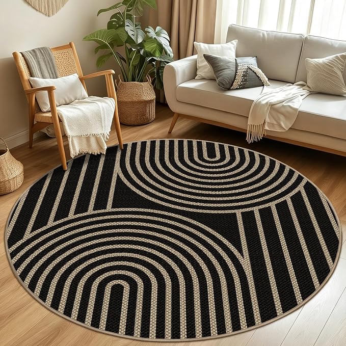 Capslpad Round Faux Jute Rug 6ft Washable Non Slip Area Rugs for Living Room Boho Circle Patio Carpet Low Pile Geometric Indoor Outdoor Rug for Backyard Bedroom Kitchen Entryway,Black&Nature