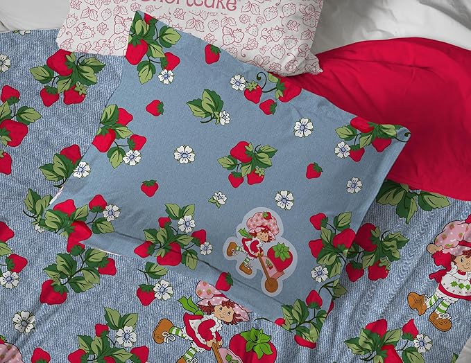 Strawberry Shortcake Full Comforter Set 7 Piece Kids Bedding, Blue | Bed in a Bag, Comforter Sheets Shams Pillowcases, Official Brand, Soft Microfiber, Machine Washable, Girls Gift