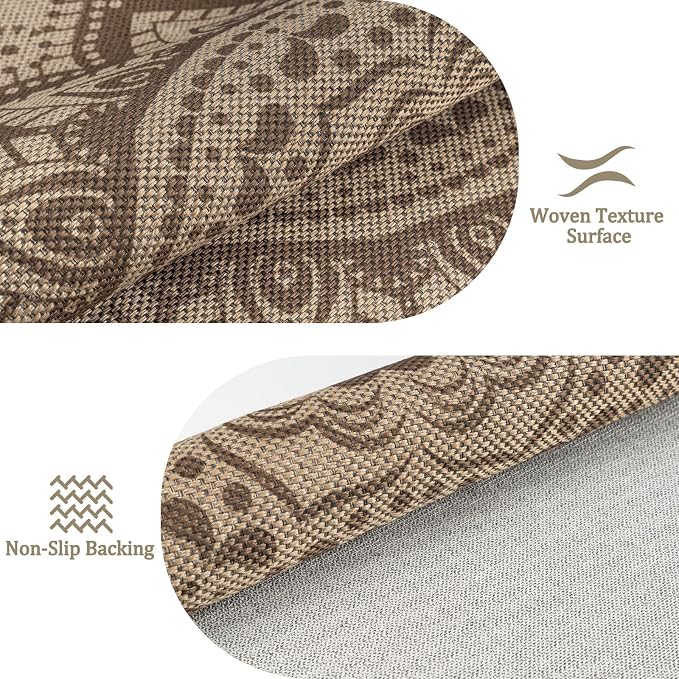 Faux Jute Outdoor Round Rug, 5ft Washable Indoor Outdoor Patio Rug, Brown Non Slip Round Area Rug Farmhouse, Boho Carpet for Backyard Patio
