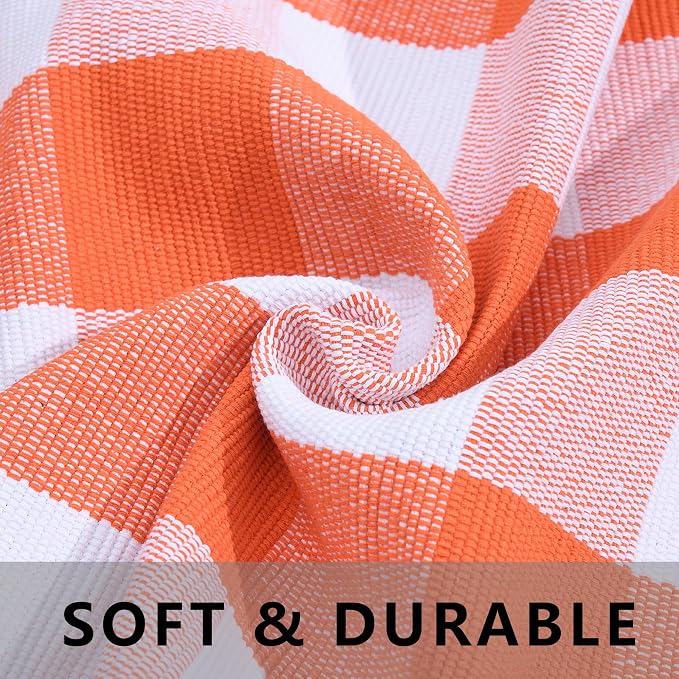 Fall Plaid Area Rug 3x5 Ft, Orange and White Buffalo Check Large Farmhouse Cotton Rug, Hand-Woven Washable Indoor Outdoor Carpet for Halloween Thanksgiving Autumn Porch Patio Decor