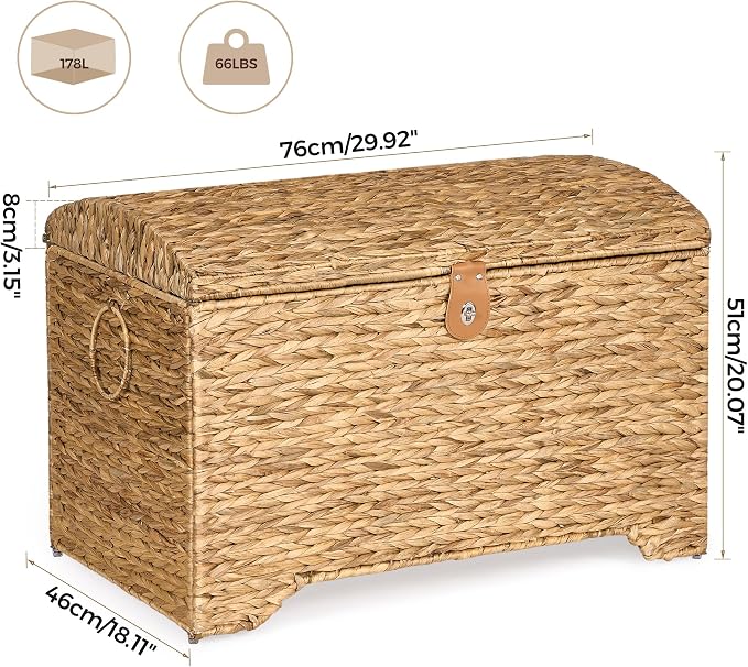 Honjourai Handwoven Storage Basket with Lid, 178L Wicker Storage Trunk | Natural Water Hyacinth Storage Chest, Leather Buckle, Metal Frame, Metal Ring Handles for Easy Transport