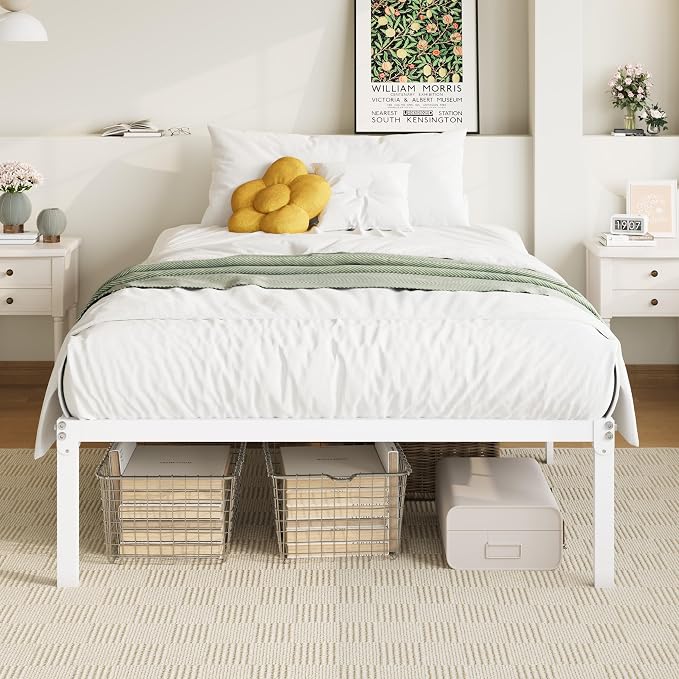 Allewie Twin XL Bed Frame, 14 inch Metal Beds with Storage Space, White | Heavy-Duty Metal Platform Beds, Large Under-Bed Storage Space, No Box Spring Needed, Easy Assembly