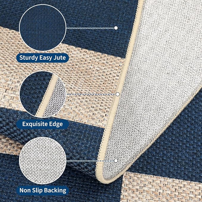 GarveeHome Easy Jute Area Rugs 6x9 for Living Room Non-Slip Backing Checkered Rugs Machine Washable Modern Indoor Outdoor Carpets for Dining Room Nursery Patio Bedroom Backyard Camping Navy Blue