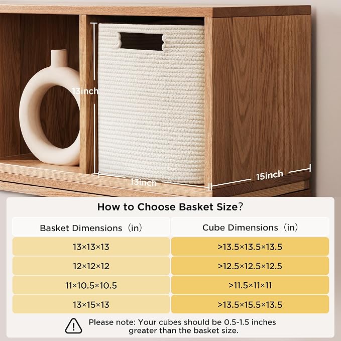 UBBCARE Set of 2 Kallax Storage Cubes-13 ×15 ×13 Inch, Cotton Rope Basket for Shelves, Toys, Book, Cube Storage Bin with Handles, Woven Storage Basket for Organizing, White