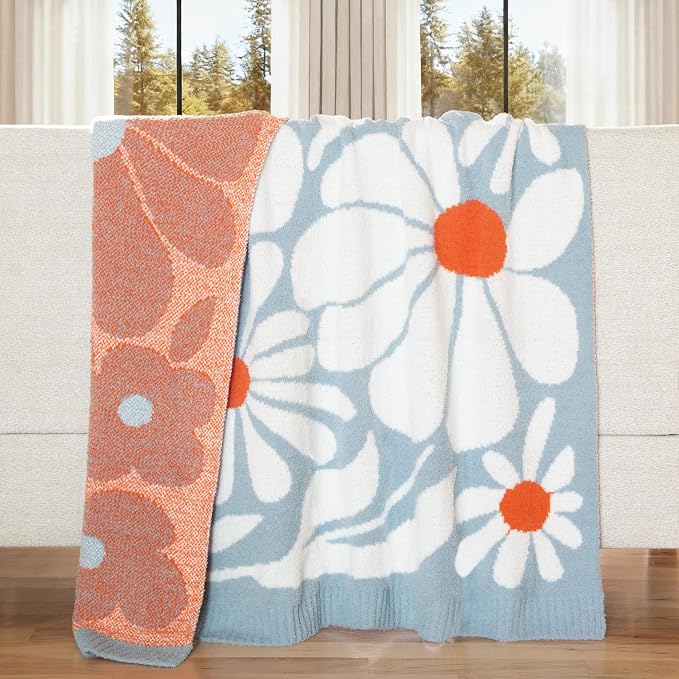 Carstens, Inc. Luxury Soft Stretchy Reversible Plush Throw Blanket, Large 50" x 60", Blossom Blues
