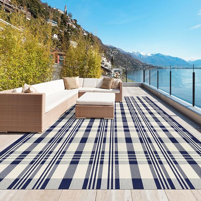 Buffalo Plaid Rug 8x10 Cotton Buffalo Check Rug Navy and Off White Woven Retro Checkered Outdoor Carpets Washable Indoor Outdoor Area Rug for Living Room Bedroom Farmhouse Patio
