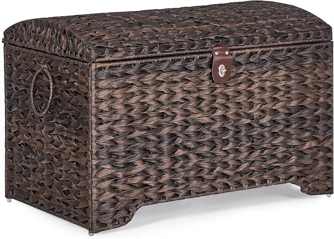 178L Handwoven Wicker Storage Basket with Lid, Large Storage Trunk | Leather Buckle Closure; Waterproof PP Wicker; Large Metal Ring Handles; Reinforced Steel Frame