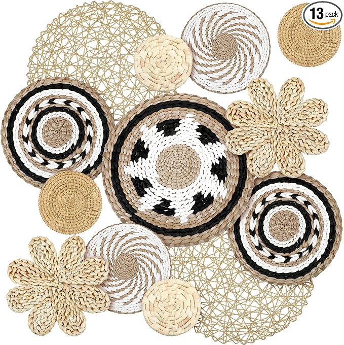 Glenmal 13 Pcs Boho Wall Basket Decor Set Woven Rattan Seagrass,Bohemian