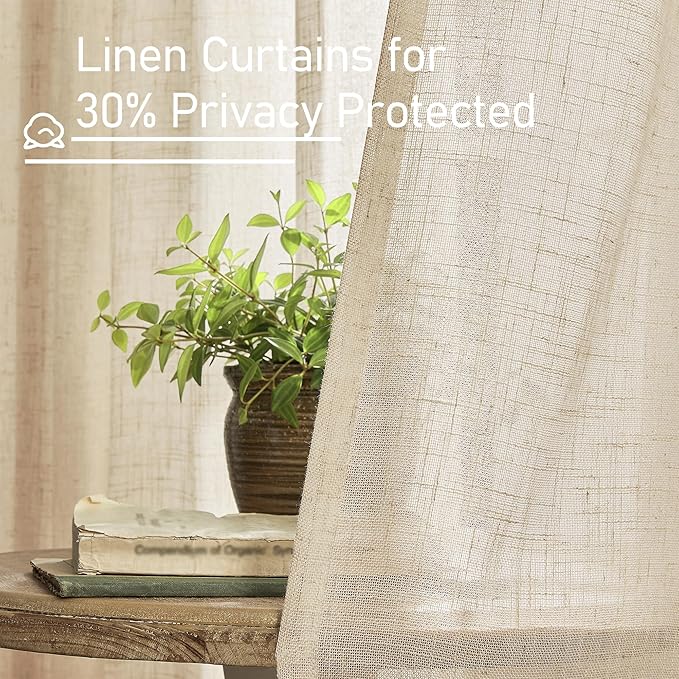 LAMIT Small Cafe Linen Curtains 36 Inches Long, Semi Sheer Light Filtering Panels Back Tab and Rod Pocket Small Cafe Drapes for Basement/Window/Loft Room, Linen, 2 Panels, 34 x 36 Inch