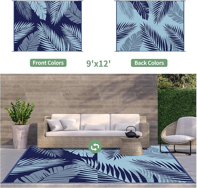 GENIMO Outdoor Rug, Waterproof Plastic Rugs for Patio, 9'x12' Blue | Outside Larger Leaf Carpet Mat for Porch Decor, Deck, Balcony, Camping, RV, Backyard, Picnic, Beach, Reversible, Foldable