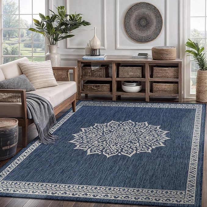 CAMILSON Outdoor Rug 5x7 Medallion Blue Modern Area Rugs for Indoor and Outdoor Patios Kitchen and Hallway Mats Washable Porch Deck Outside Carpet (Medallion Blue 5 x 7)
