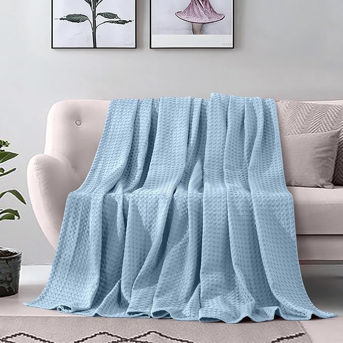 Elegant Comfort Premium 100% Cotton Waffle Blanket - Lightweight Breathable Waffle Weave Bed Blanket - Soft and Warm All Season Blanket for Couch, Sofa and Bed, Queen Size 90x90 Inches, Light Blue