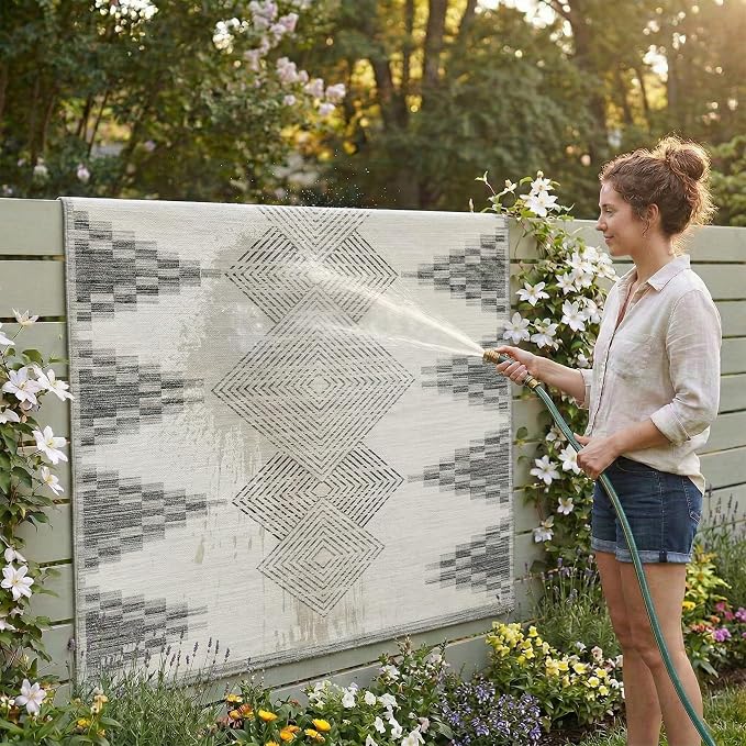 ReaLife Rugs Machine Washable Indoor Outdoor - Mat Rug Foldable Printed Thin Lightweight Cushioned Fade Resistant Patio Deck Dock Porch Pool Balcony Camping - Everly - Beige 6' x 9'
