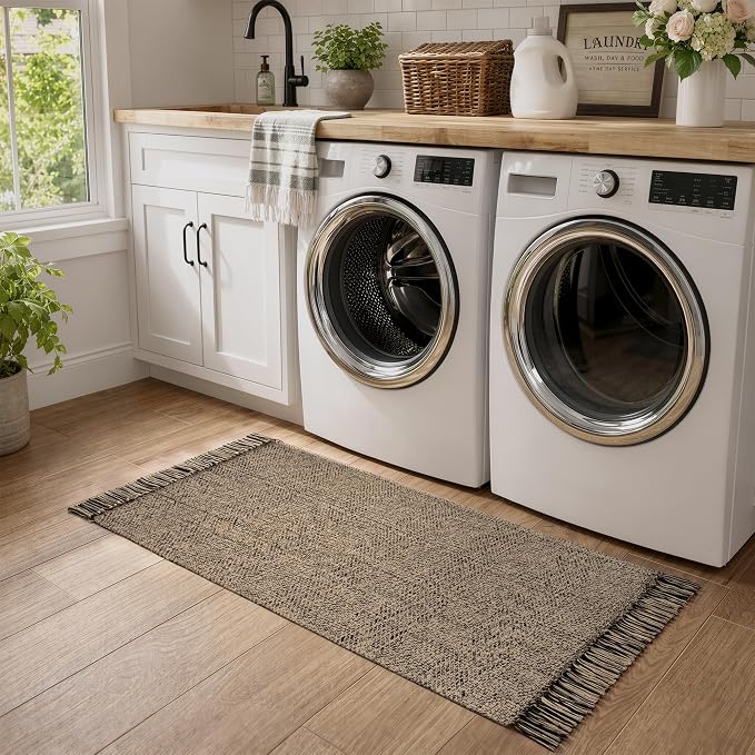 Collive Bathroom Runner Rug, 2' x 5' Modern Farmhouse Kitchen Runner Rug Boho Hand-Woven Entryway Rugs Runners for Hallway, Natural/Black Washable Laundry Carpet Indoor Front Door Mats for Bedroom