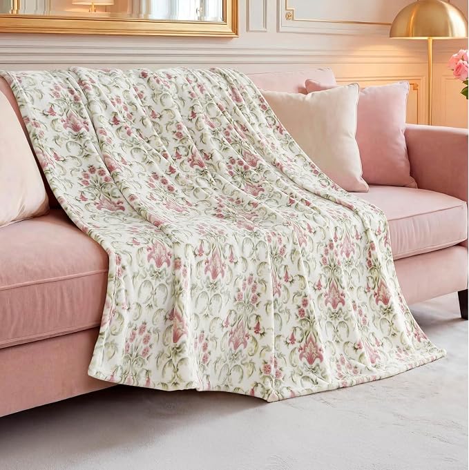 Oversized Plush Throw Blanket 60" x 70", Watercolor Damask Floral Green