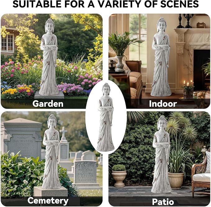 Extra-Large Buddha Statue Outdoor, 42 in Asian Decor with Birdfeeder | Zen Garden Sculpture for Indoor, Patio, Yard or Porch, Durable Weatherproof Magnesium Oxide Stone