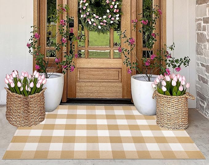 Khaki and White Outdoor Rug 3'x5', Outdoor Porch Rug Cotton Woven Washable Farmhouse Indoor Outdoor Doormat for Front Porch Hello Welcome Layered/Entryway/Bedroom/Living Room/Patio